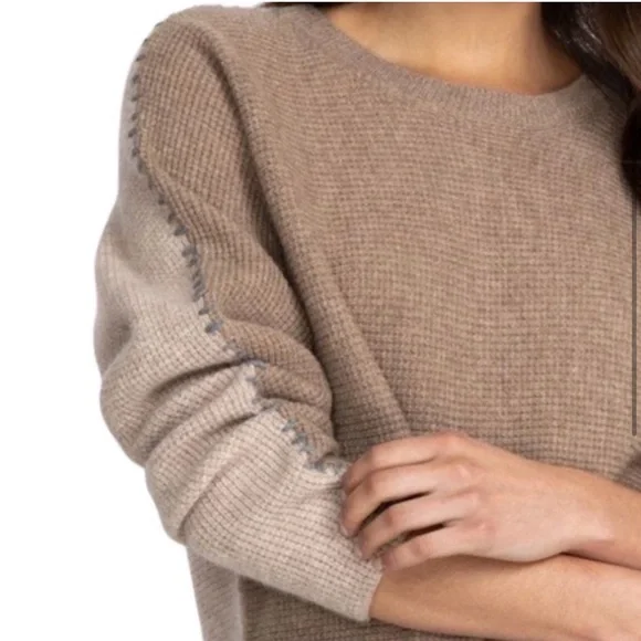JOHNNY WAS CALME 100% Cashmere NEW Color Block Waffle Sweater Taupe Tan Size L